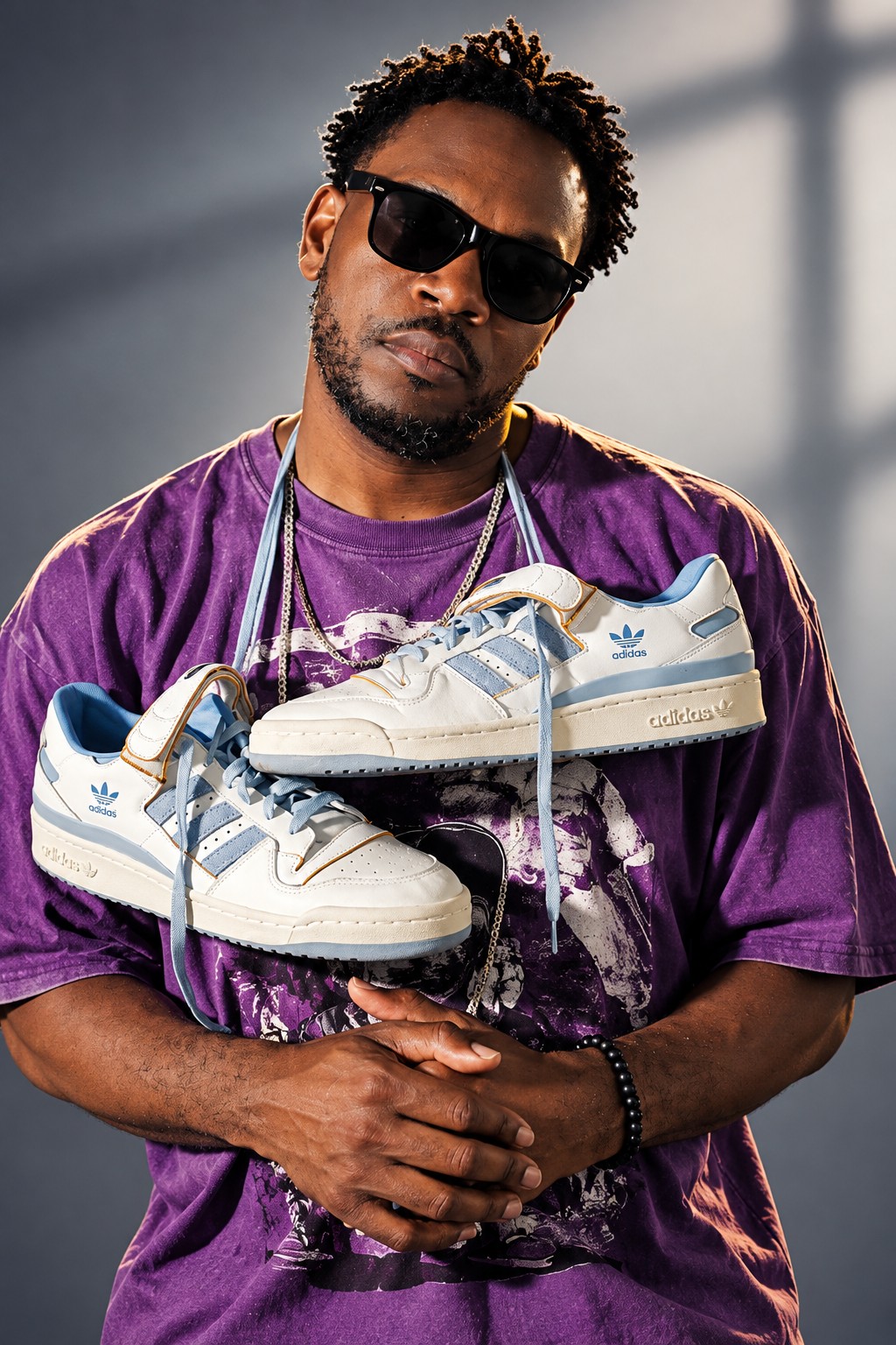 Sherwinn Dupes Brice in sunglasses and a purple shirt, with white and blue Adidas sneakers around his neck